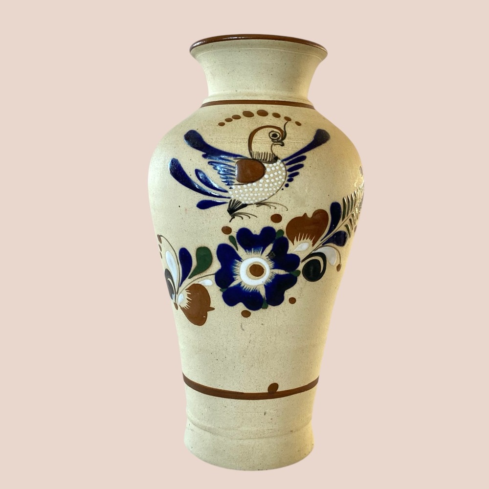 Vintage 11” Tonala Mexico Signed Handcrafted Ceramic Vase Bird & Floral Design